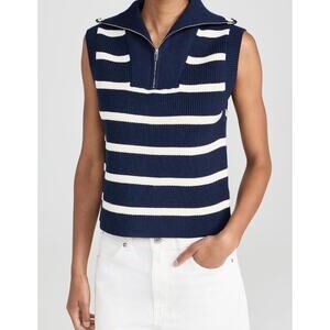 English Factory Ivory Navy Stripe Sleeveless Sweater Half-Zip Sporty Vest Top